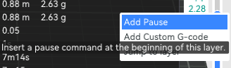 Right-click menu on layer slider showing Add Pause and Add Custom G-code options