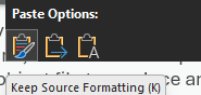Right-click paste menu showing Keep Source Formatting option in Microsoft Word